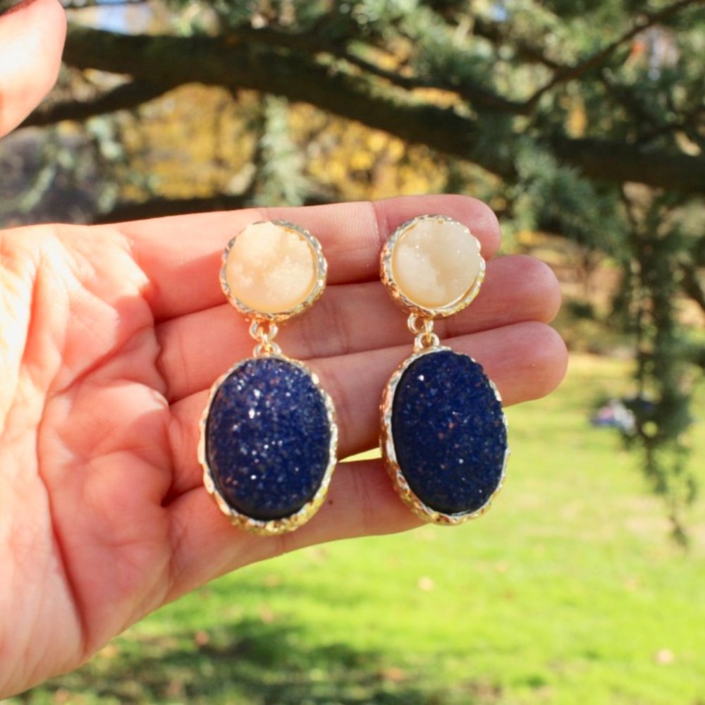 Anthropologie Druzy Blue Teardrop Dangle Earrings - Picture 9 of 10